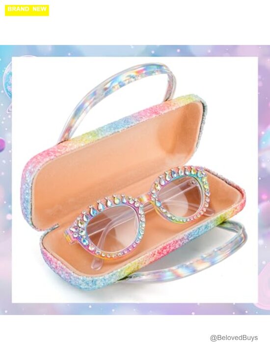 Hard Shell Eyeglasses Case with Handle, PU Leather Glitter Protective Pouch for main image 5